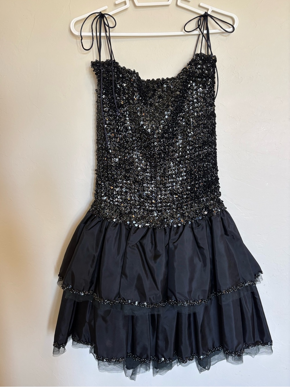 VTG 80s Black Sequin Ruffle Bow Pageant Prom Dress Sz M UNION MADE Whimsigoth